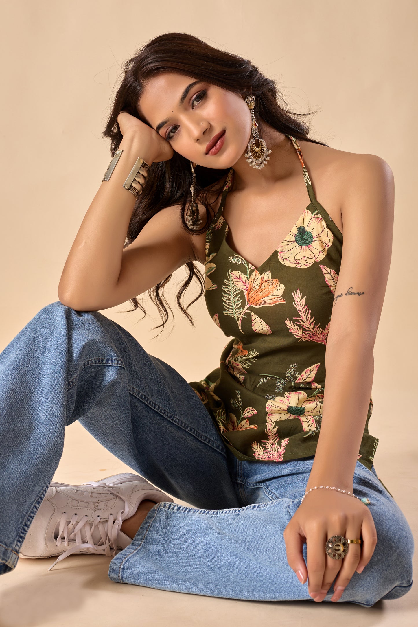 Mahendi Floral Printed Straight Cotton Stitched Top