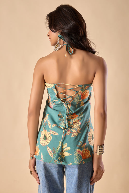 Teal Floral Printed Straight Cotton Stitched Top