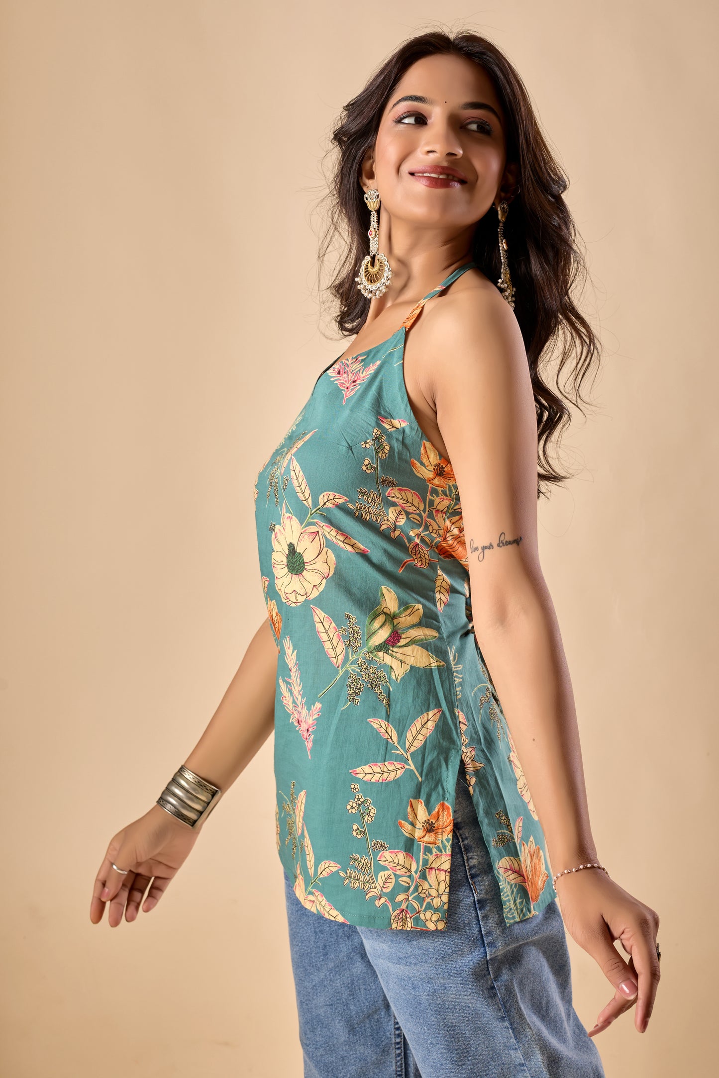 Teal Floral Printed Straight Cotton Stitched Top