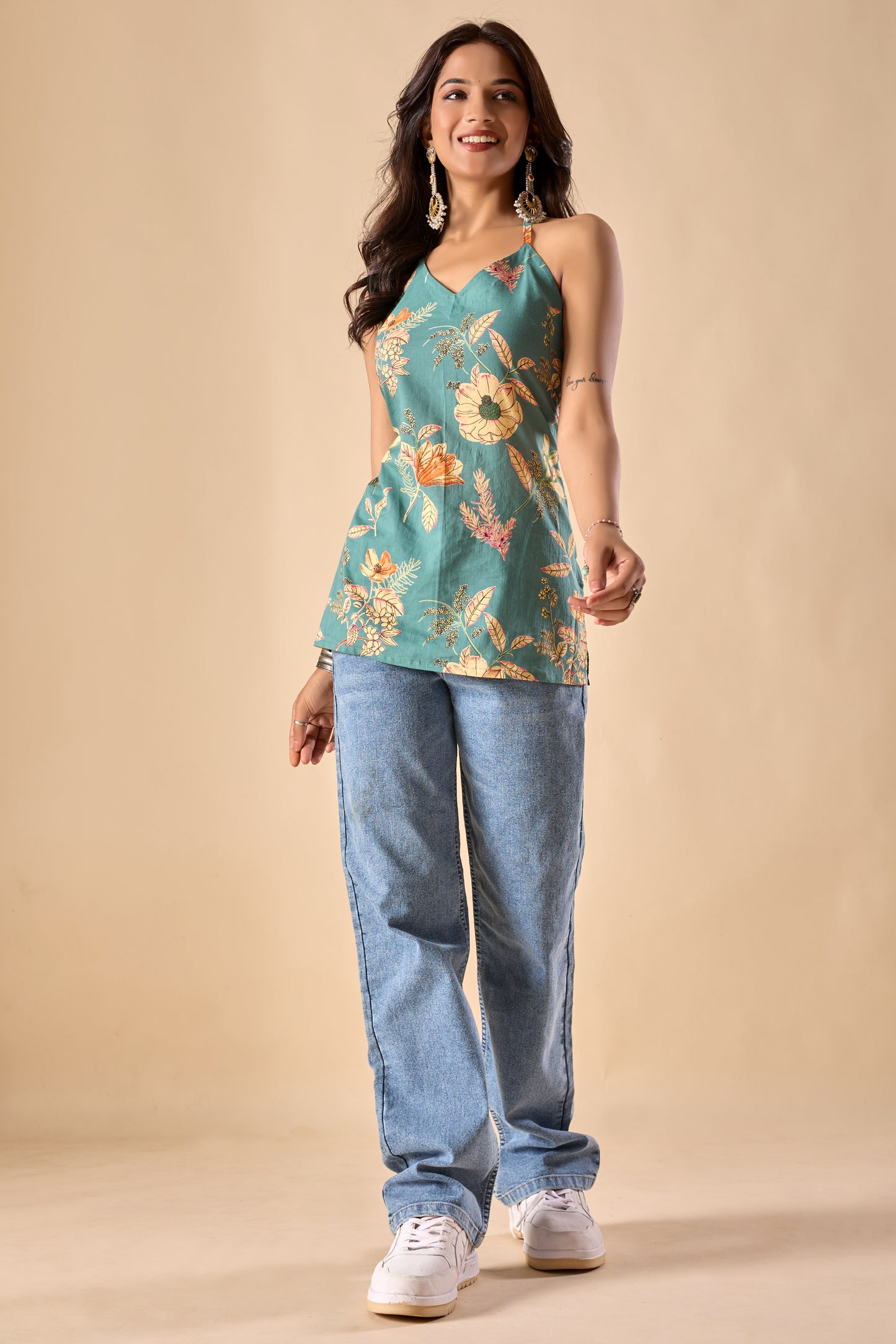 Teal Floral Printed Straight Cotton Stitched Top