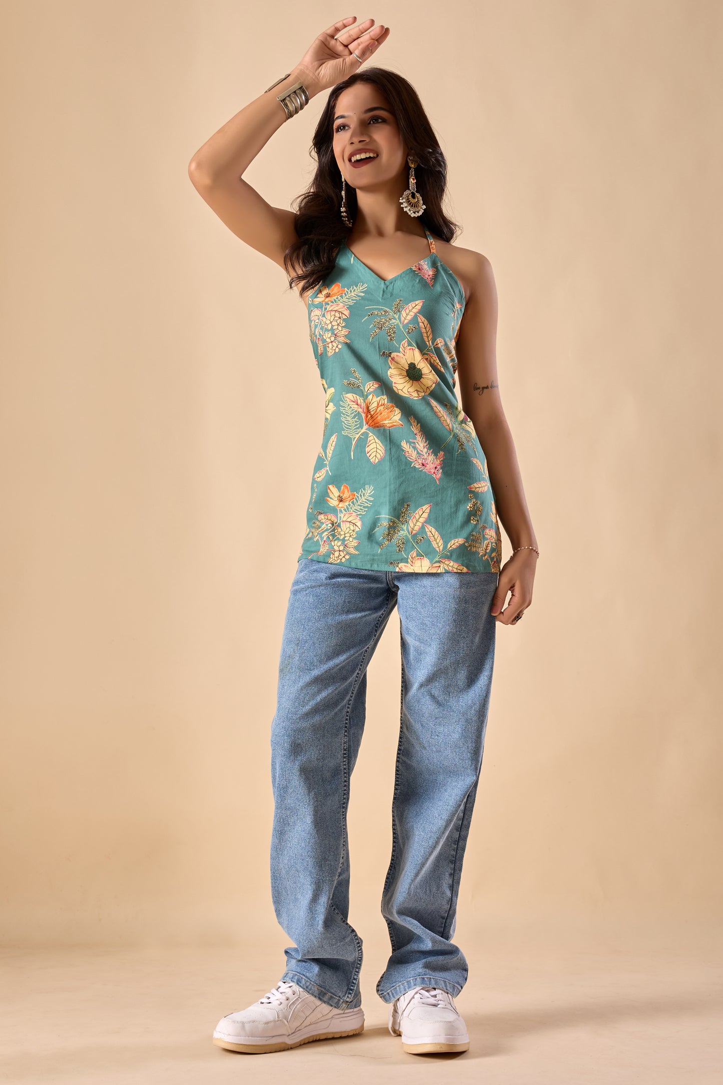 Teal Floral Printed Straight Cotton Stitched Top