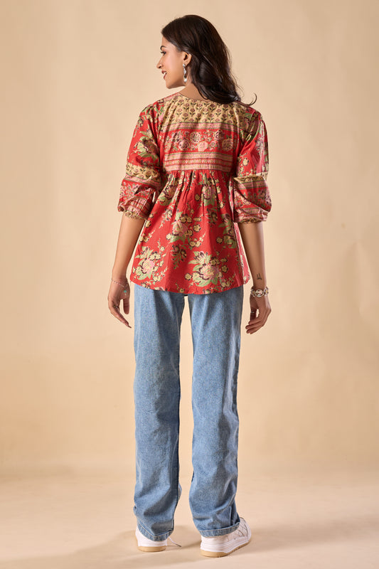 Red Floral Printed A-Line Cotton Stitched Top