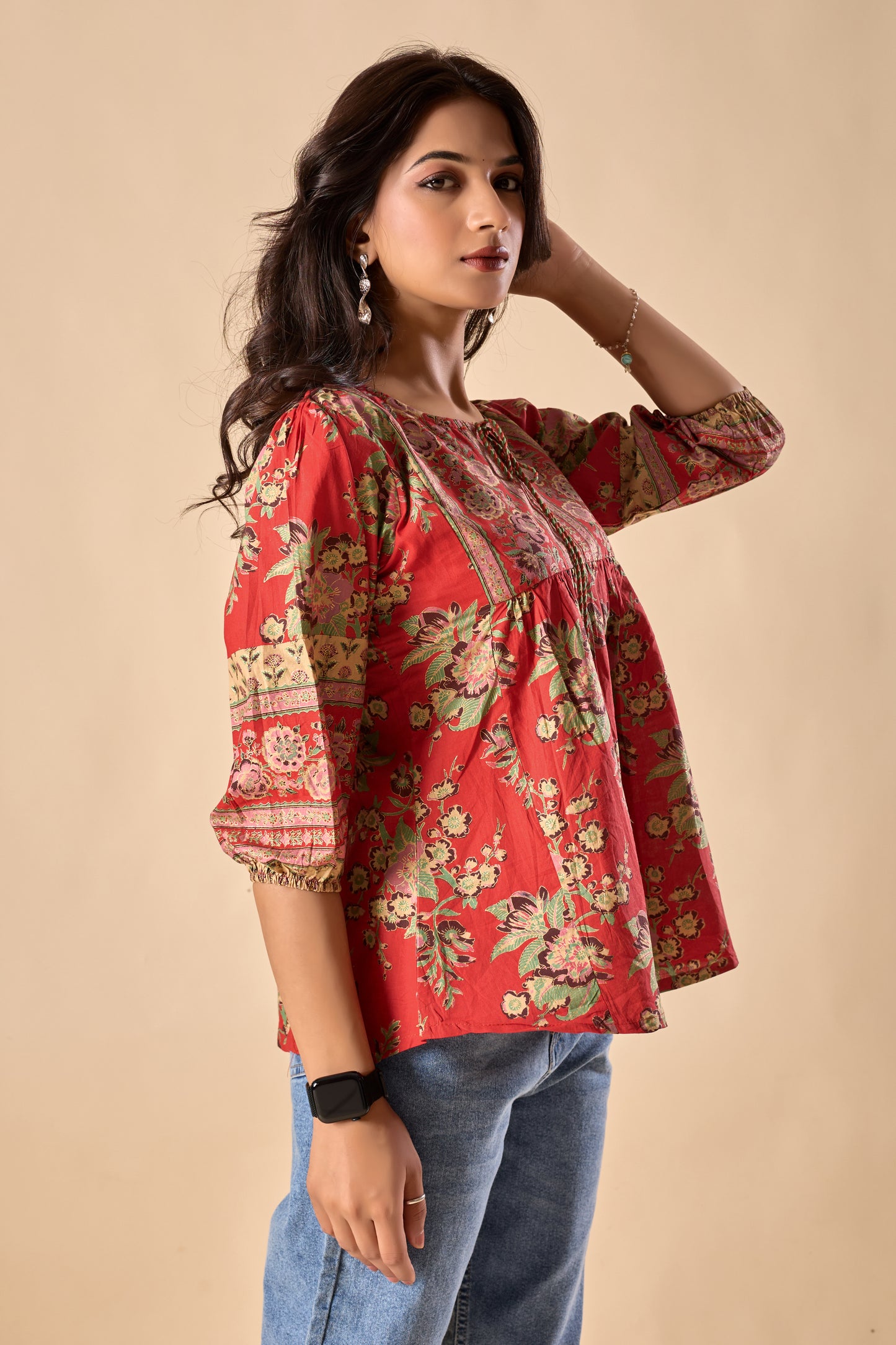 Red Floral Printed A-Line Cotton Stitched Top