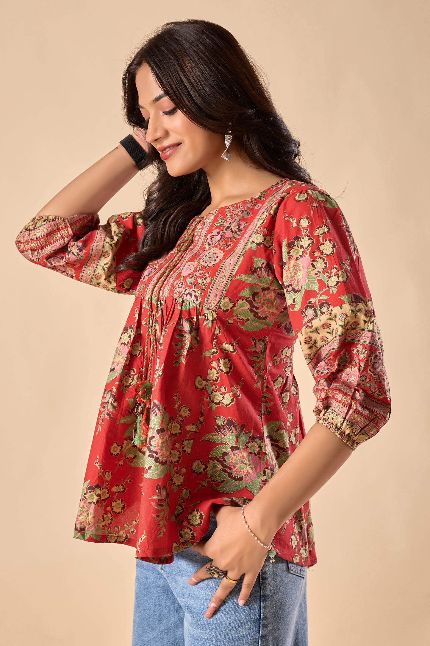 Red Floral Printed A-Line Cotton Stitched Top