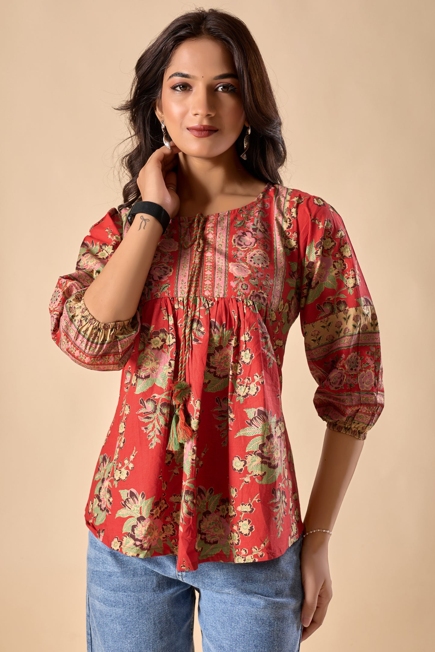 Red Floral Printed A-Line Cotton Stitched Top