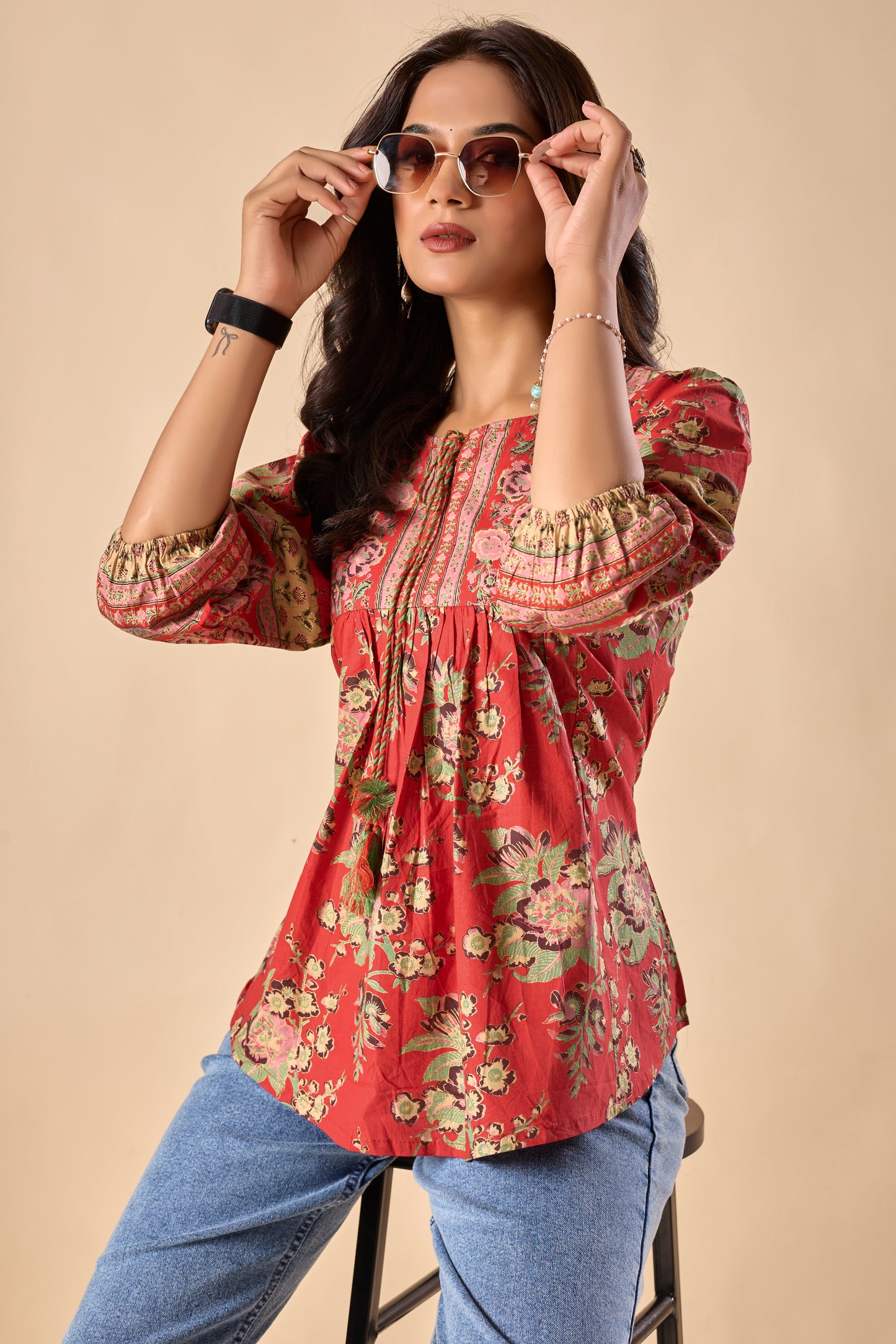 Red Floral Printed A-Line Cotton Stitched Top