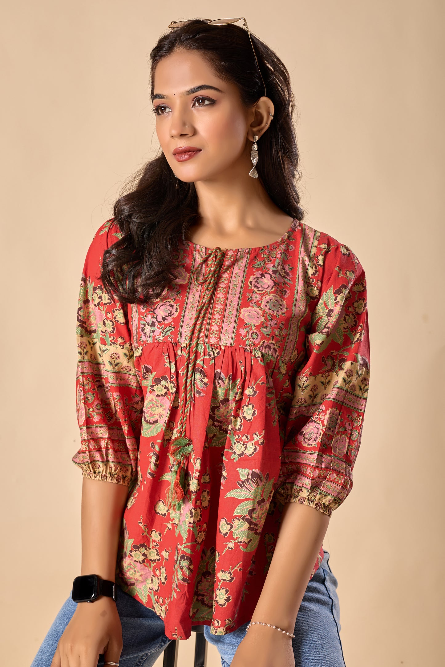 Red Floral Printed A-Line Cotton Stitched Top