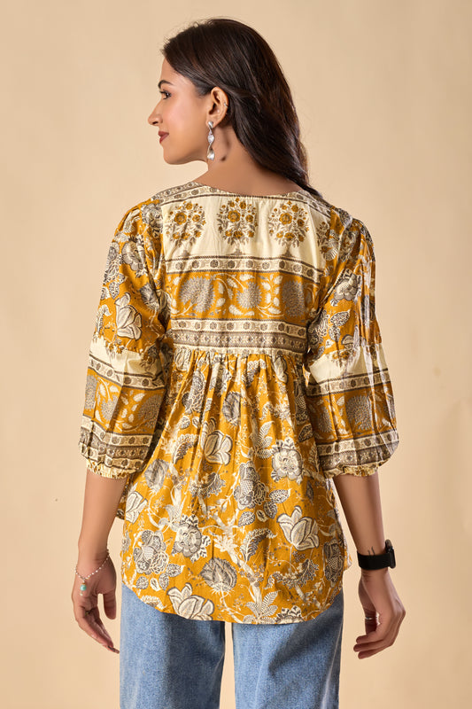 Yellow Floral Printed A-Line Cotton Stitched Top