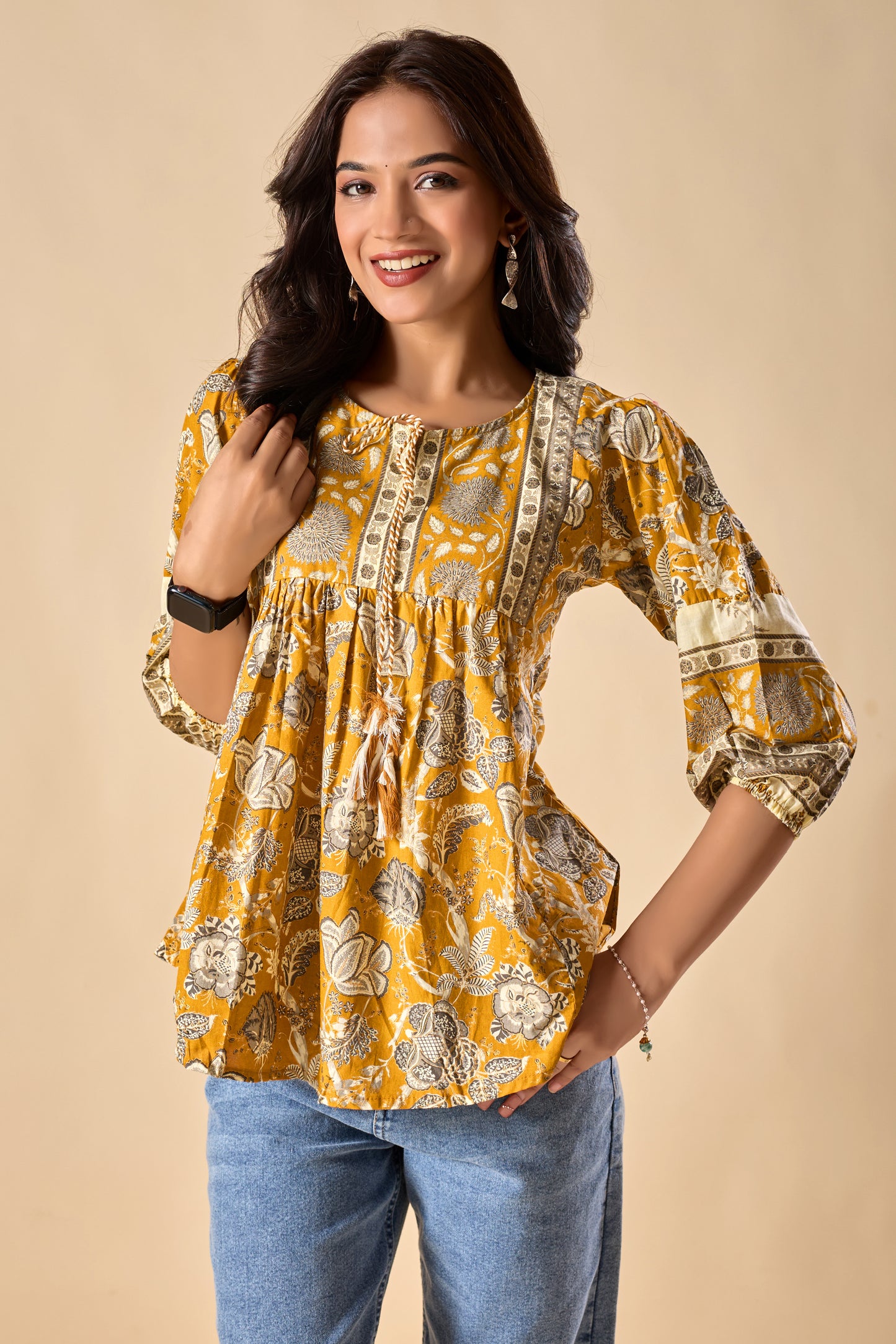 Yellow Floral Printed A-Line Cotton Stitched Top