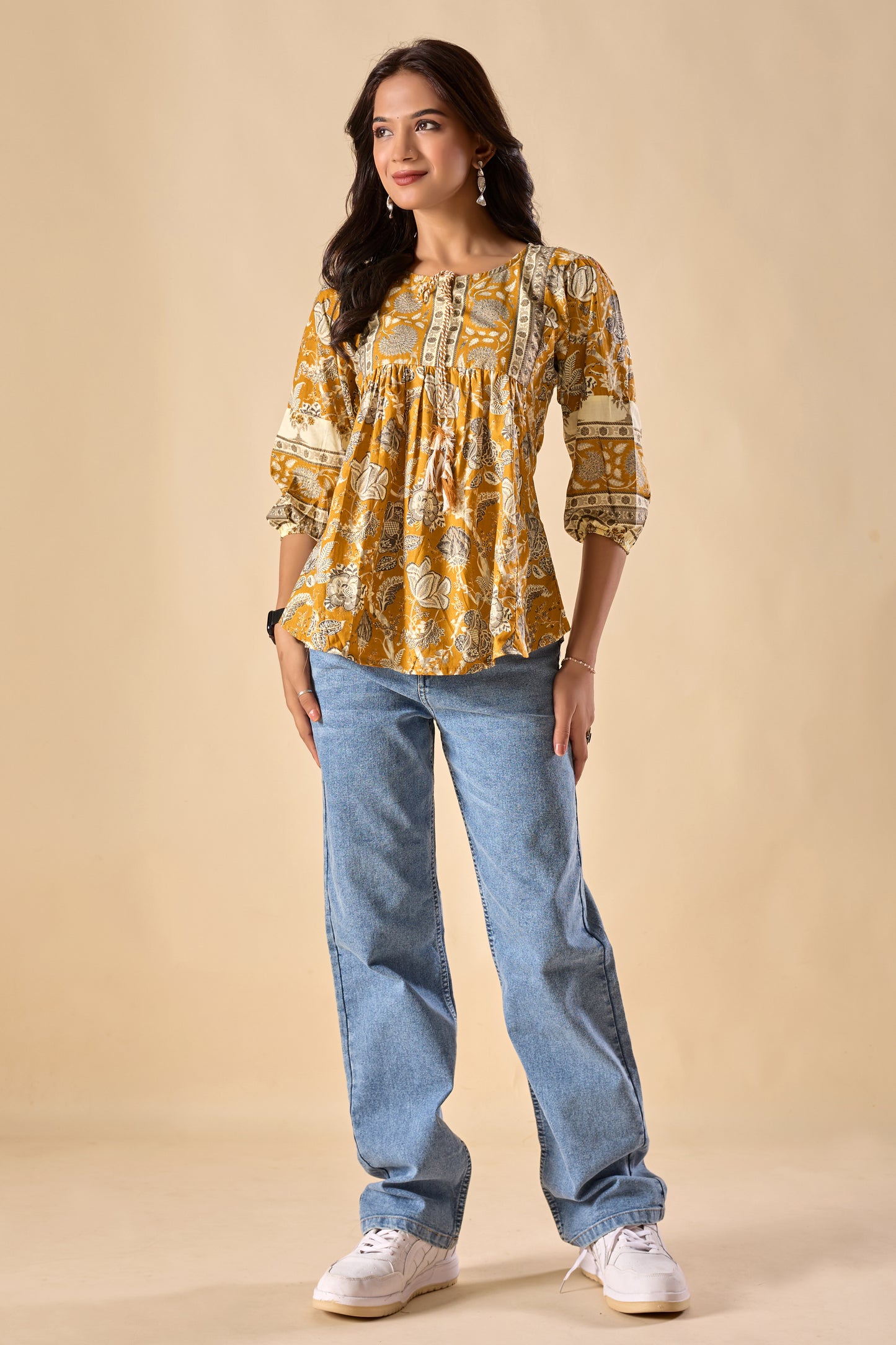 Yellow Floral Printed A-Line Cotton Stitched Top