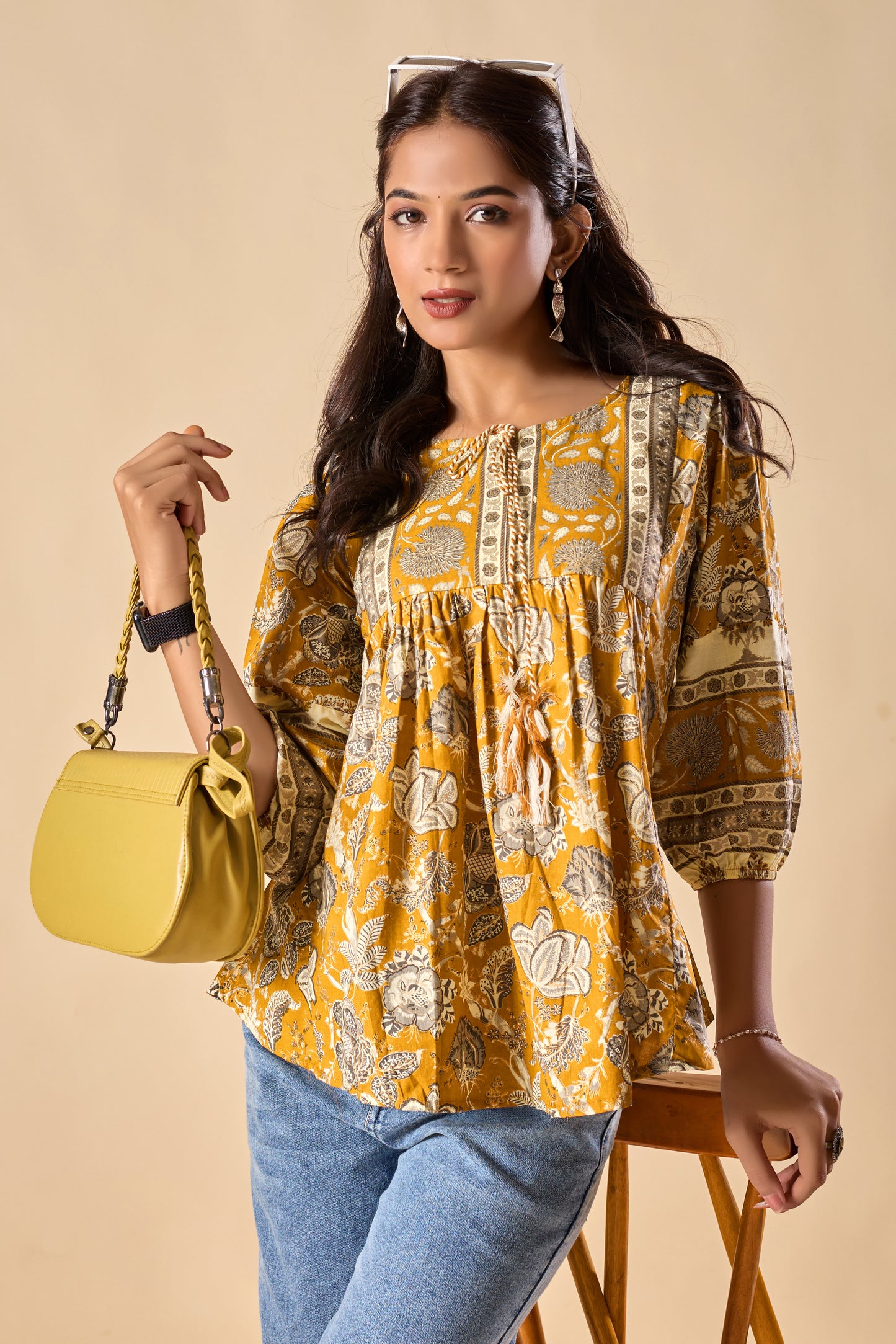 Yellow Floral Printed A-Line Cotton Stitched Top