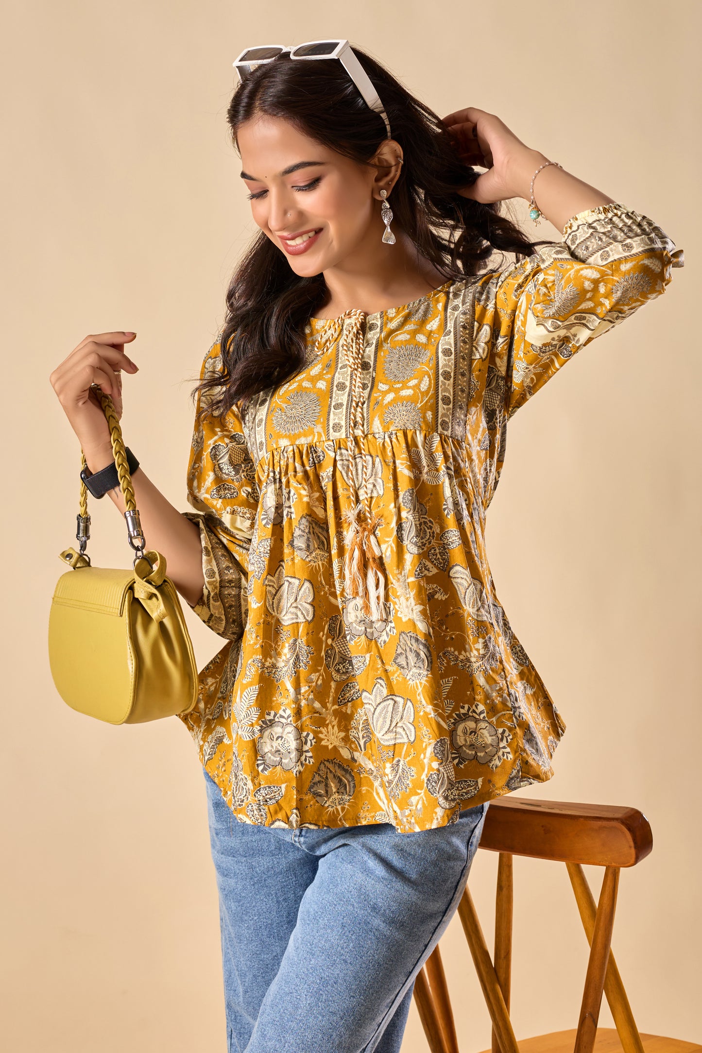 Yellow Floral Printed A-Line Cotton Stitched Top