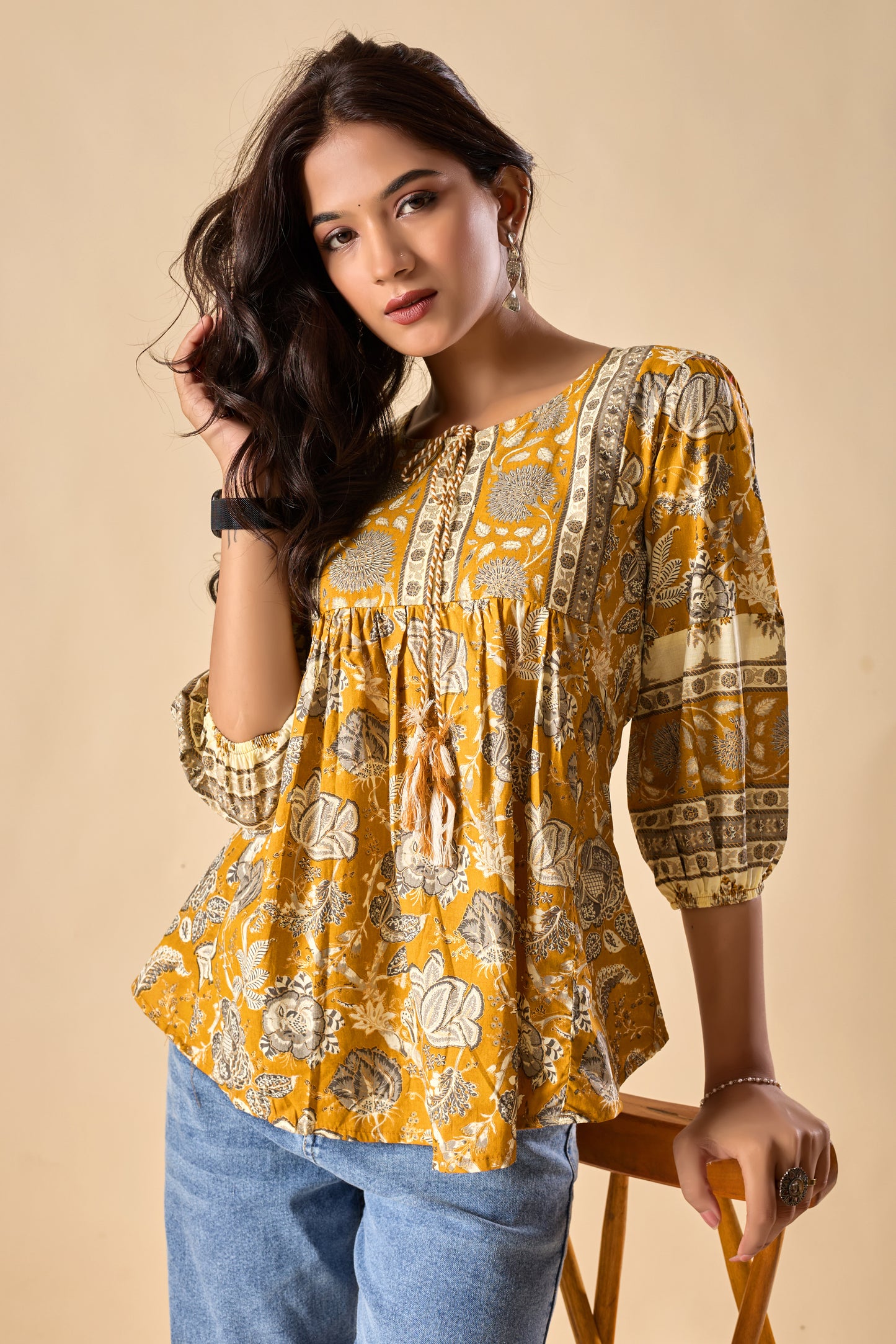 Yellow Floral Printed A-Line Cotton Stitched Top