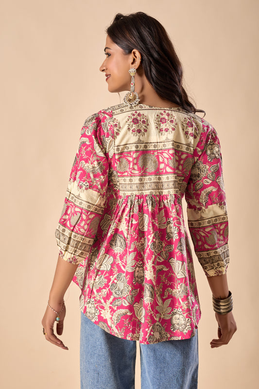 Pink Floral Printed A-Line Cotton Stitched Top