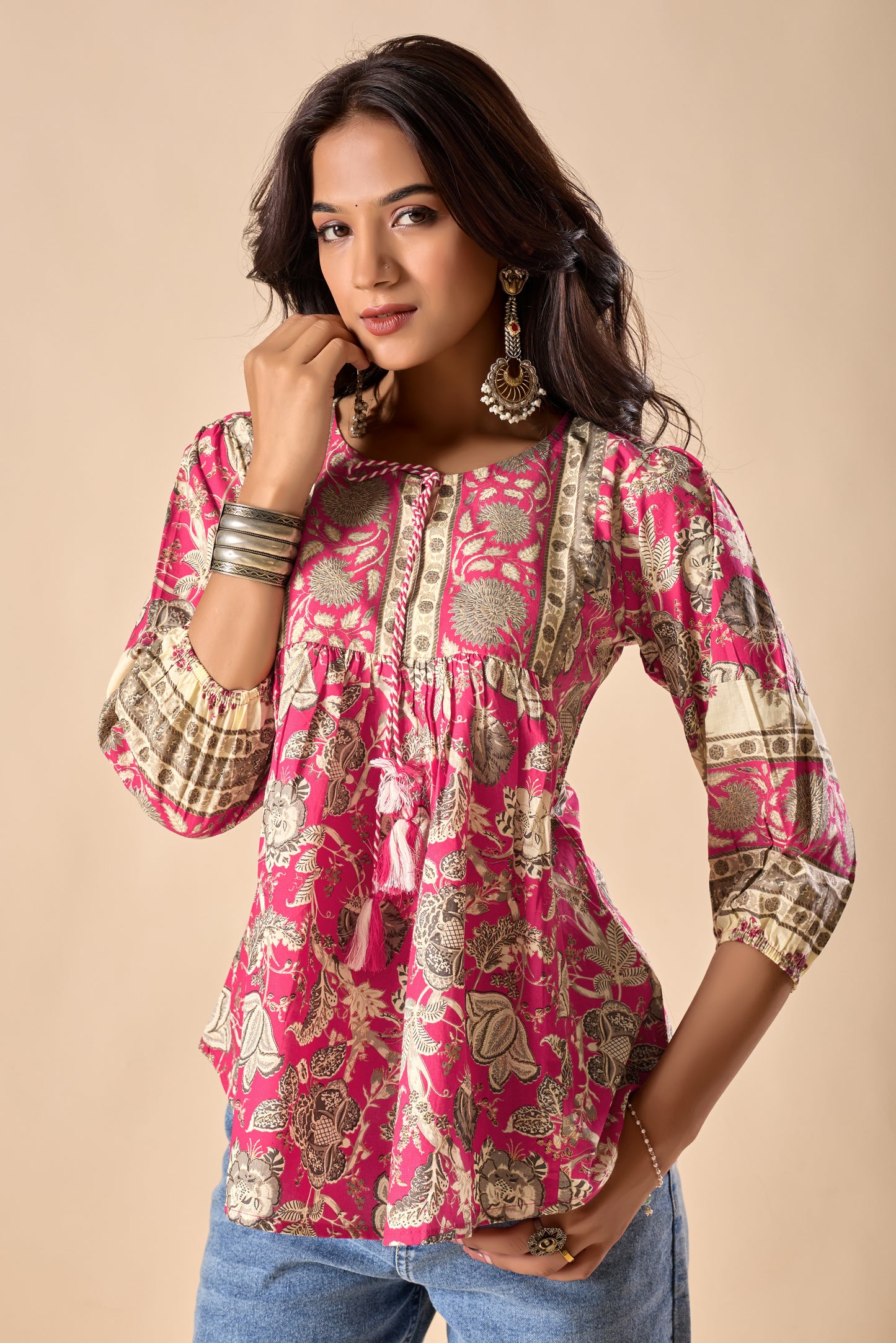 Pink Floral Printed A-Line Cotton Stitched Top