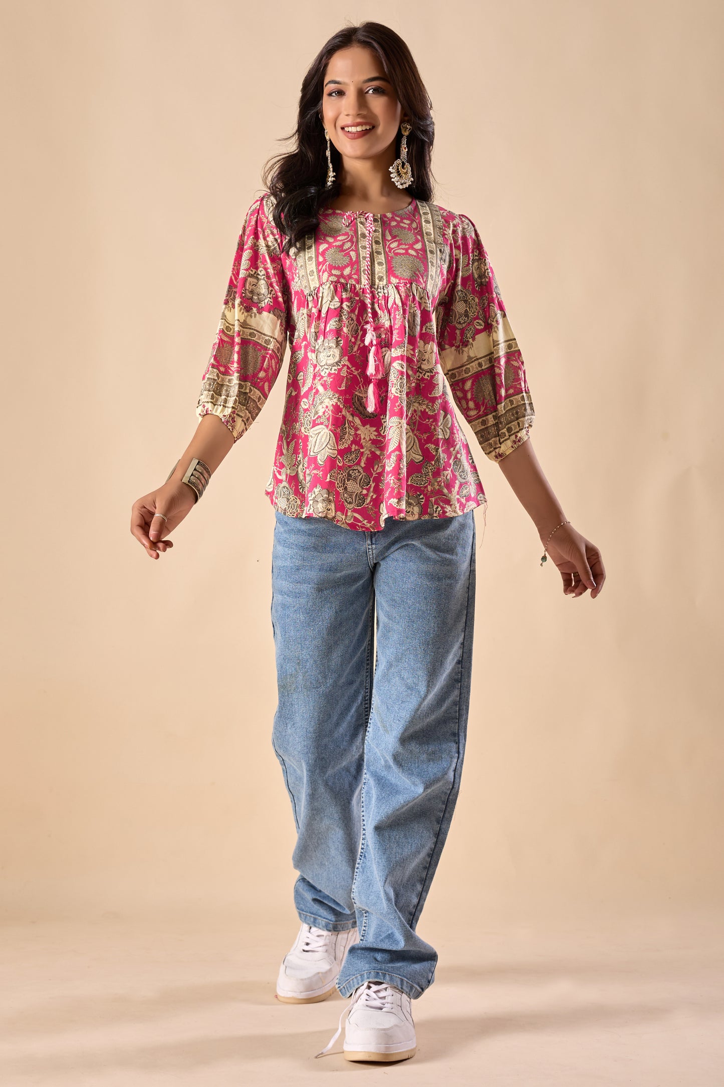 Pink Floral Printed A-Line Cotton Stitched Top