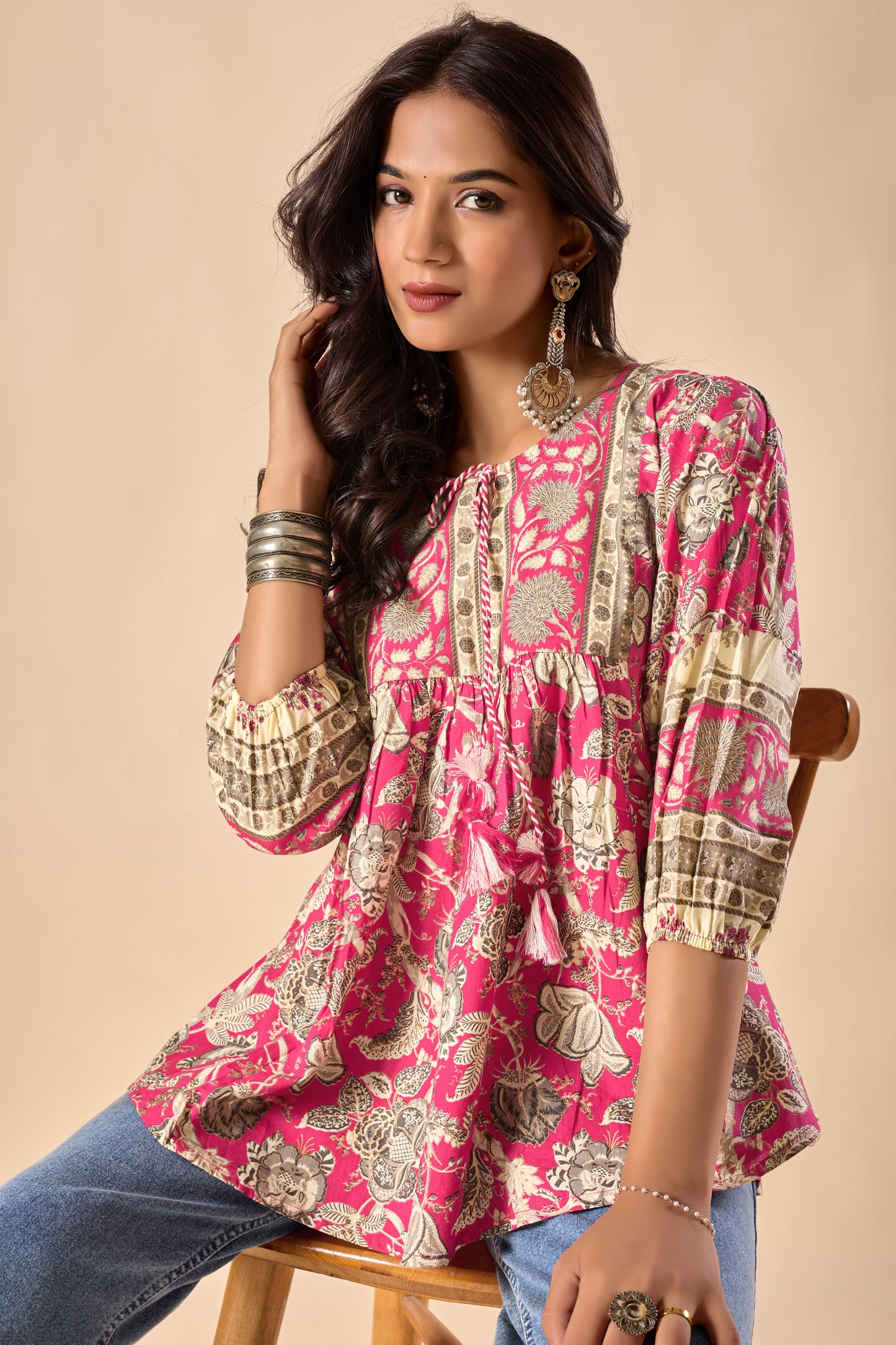 Pink Floral Printed A-Line Cotton Stitched Top