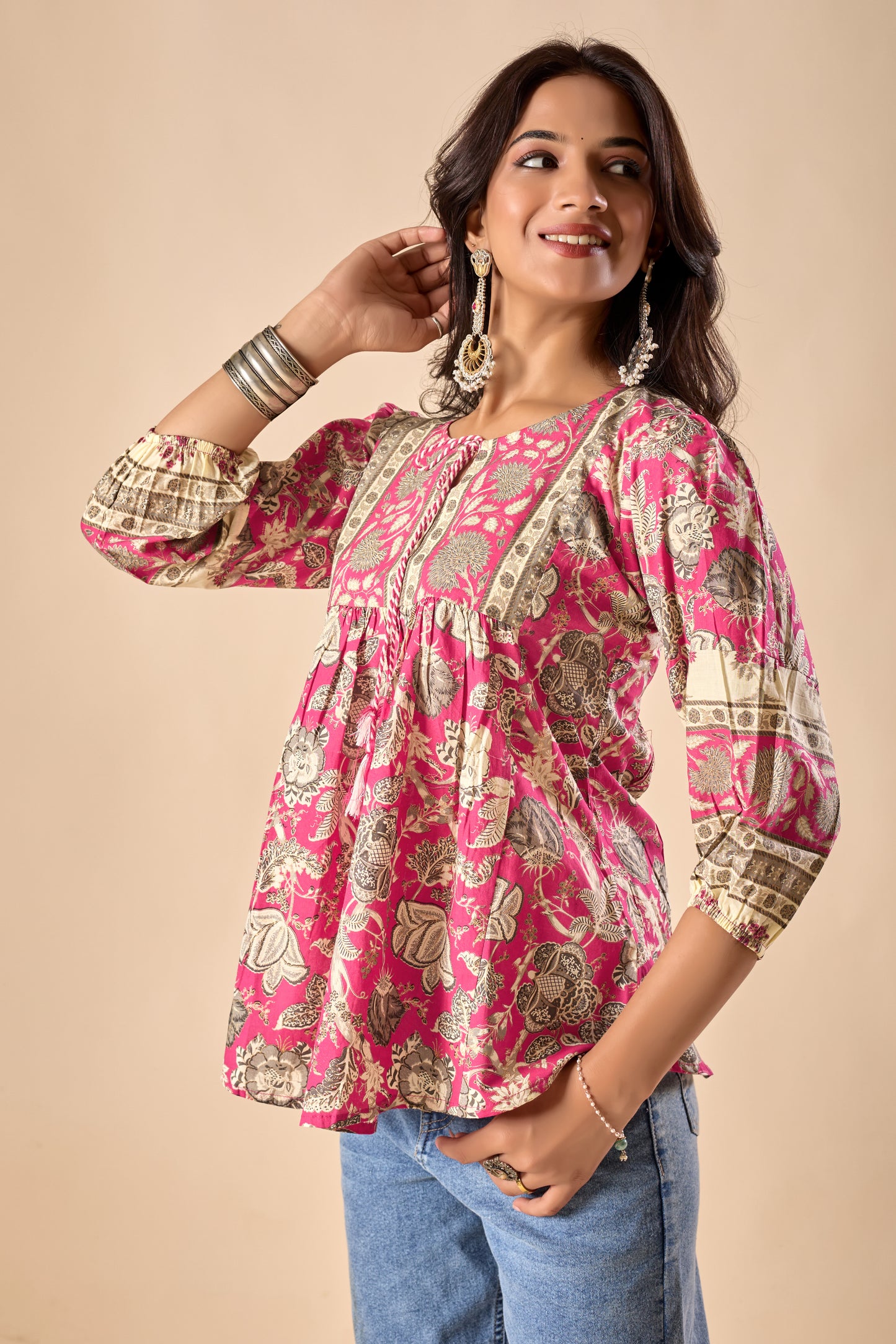 Pink Floral Printed A-Line Cotton Stitched Top