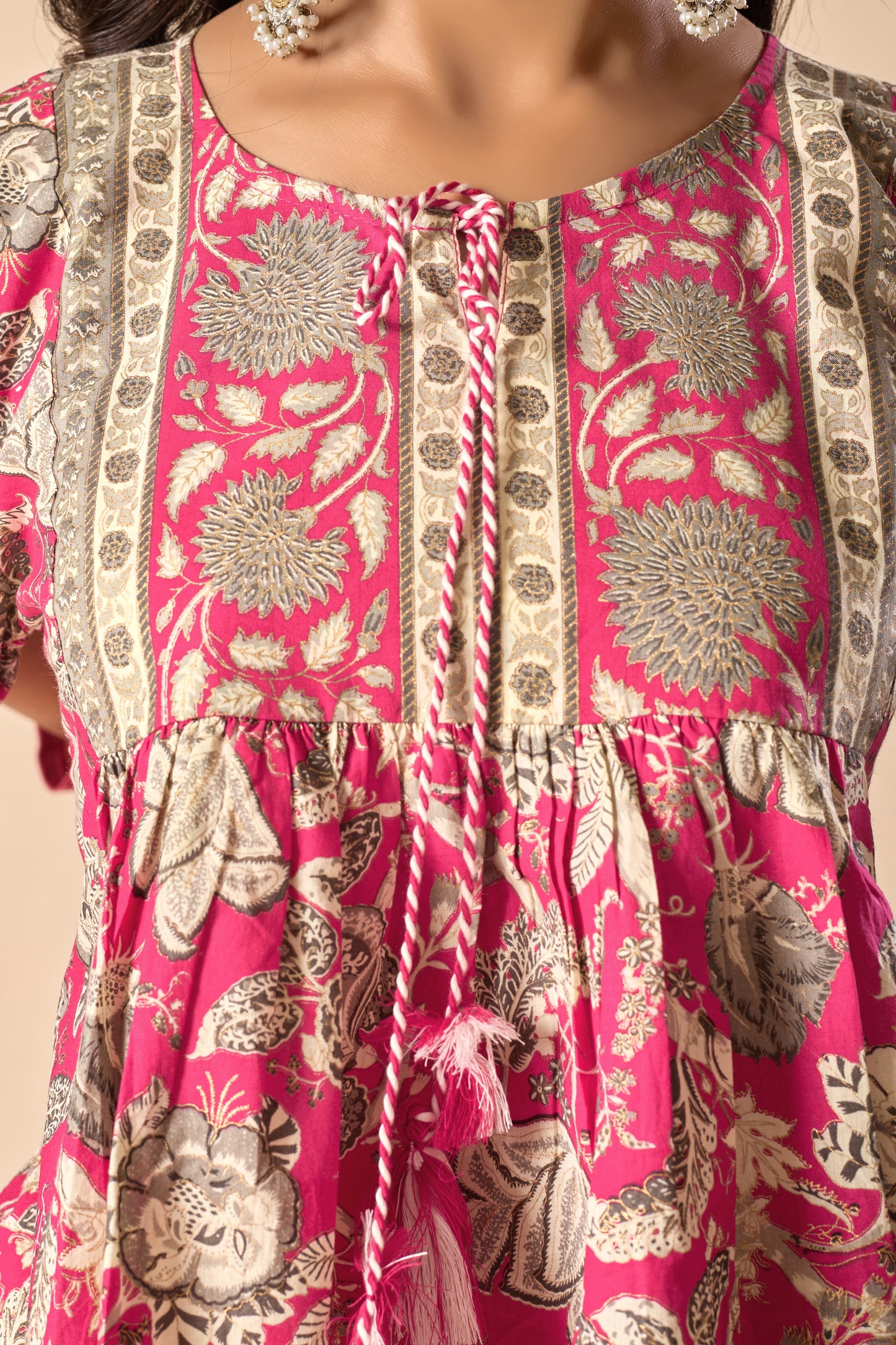 Pink Floral Printed A-Line Cotton Stitched Top