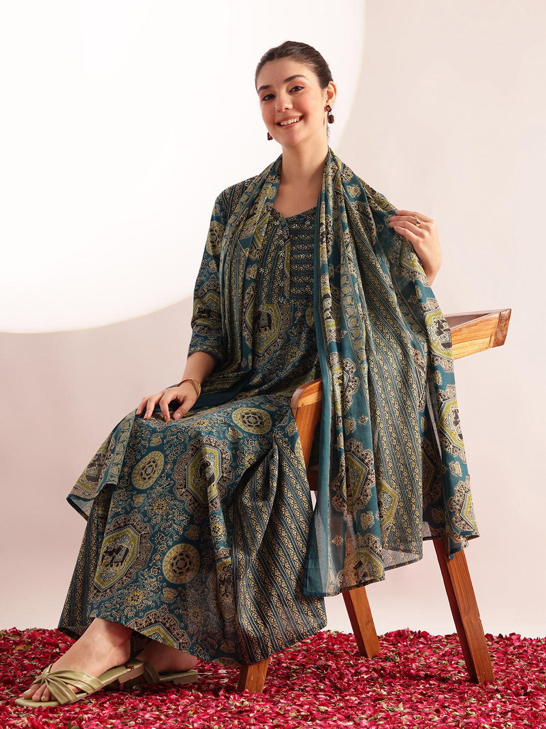 Aqua Blue Kalamkari Print Anarkali Cotton Kurta, Pant With Dupatta