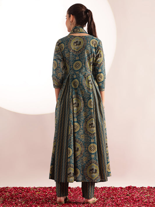 Aqua Blue Kalamkari Print Anarkali Cotton Kurta, Pant With Dupatta
