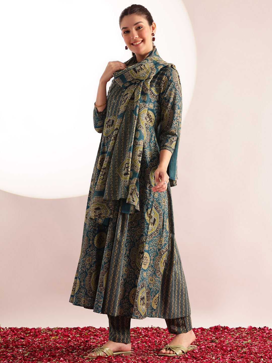 Aqua Blue Kalamkari Print Anarkali Cotton Kurta, Pant With Dupatta