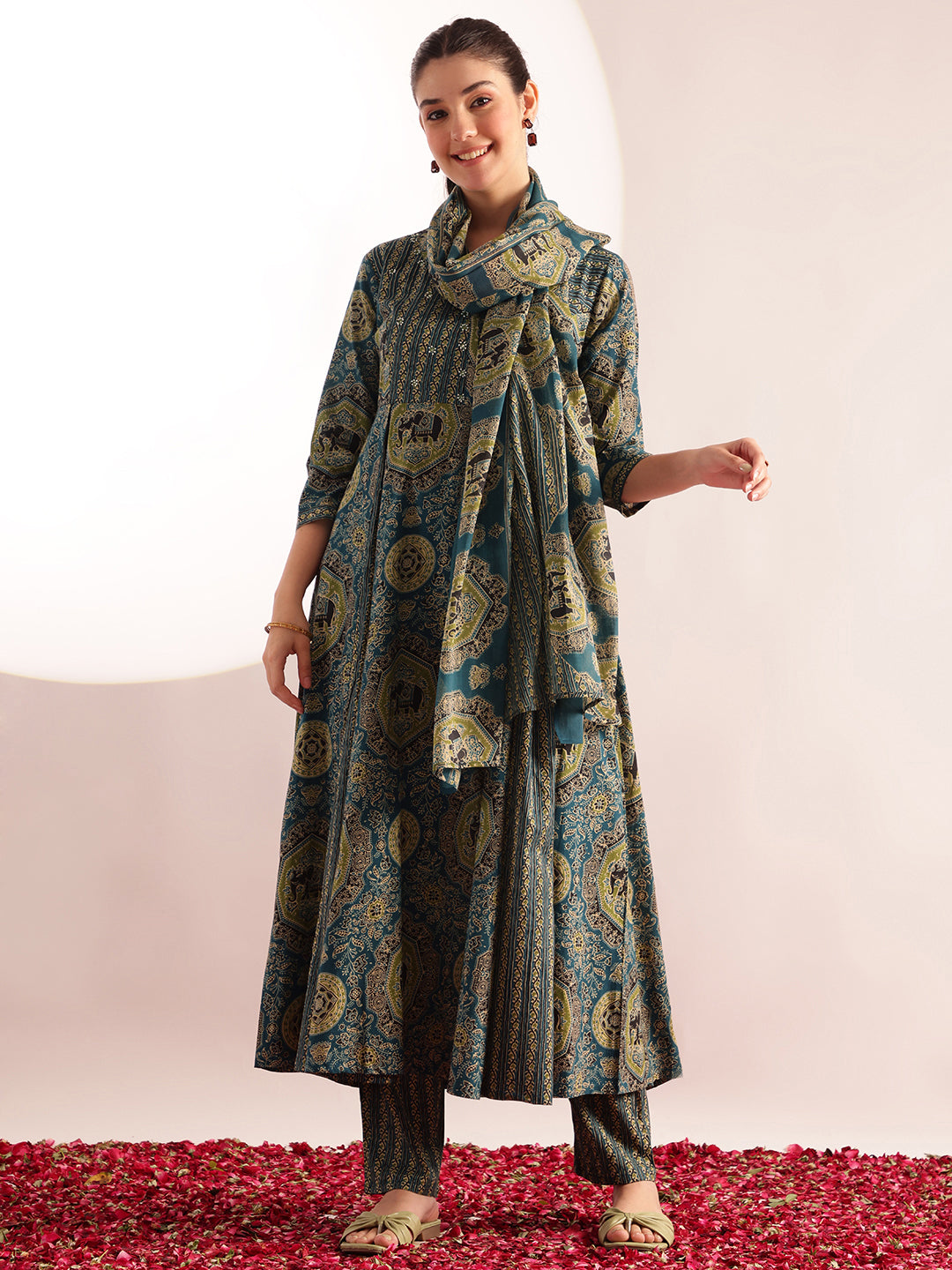 Aqua Blue Kalamkari Print Anarkali Cotton Kurta, Pant With Dupatta