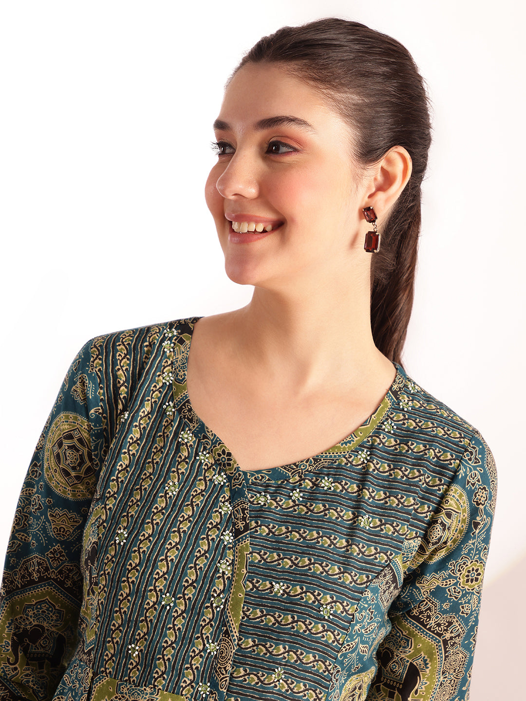 Aqua Blue Kalamkari Print Anarkali Cotton Kurta, Pant With Dupatta