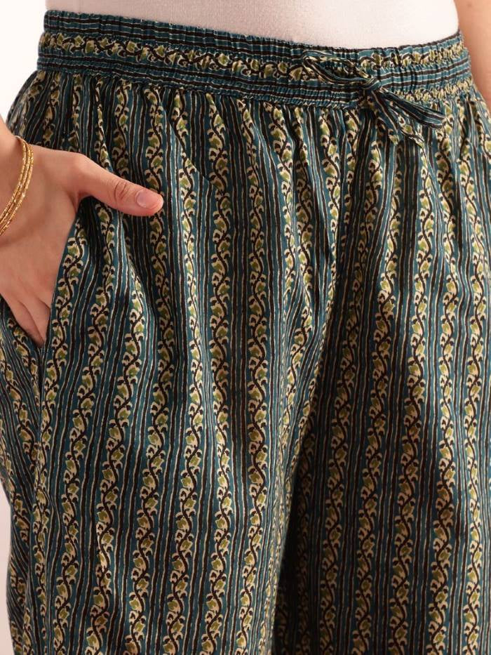 Aqua Blue Kalamkari Print Anarkali Cotton Kurta, Pant With Dupatta