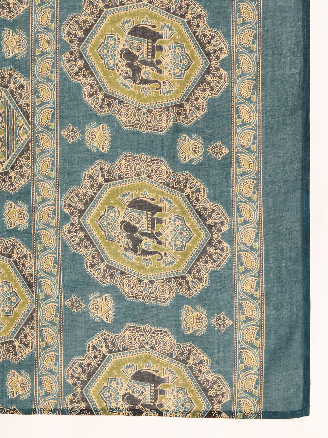 Aqua Blue Kalamkari Print Anarkali Cotton Kurta, Pant With Dupatta
