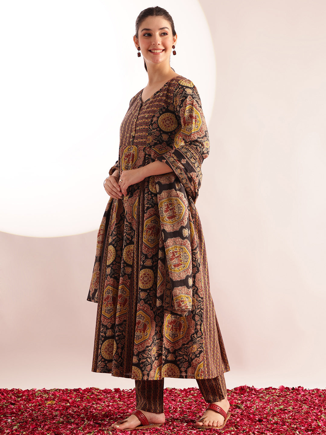 Black Kalamkari Print Anarkali Cotton Kurta, Pant With Dupatta