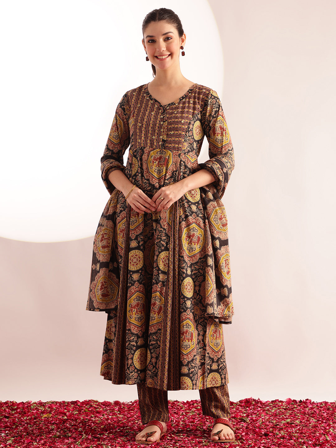 Black Kalamkari Print Anarkali Cotton Kurta, Pant With Dupatta