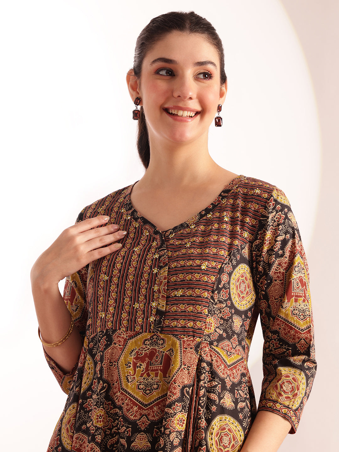 Black Kalamkari Print Anarkali Cotton Kurta, Pant With Dupatta