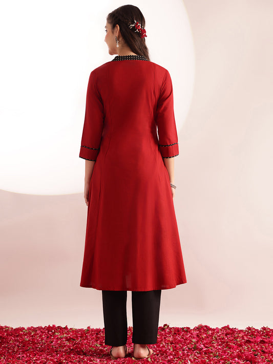 Maroon Solid A-Line Cotton Kurta