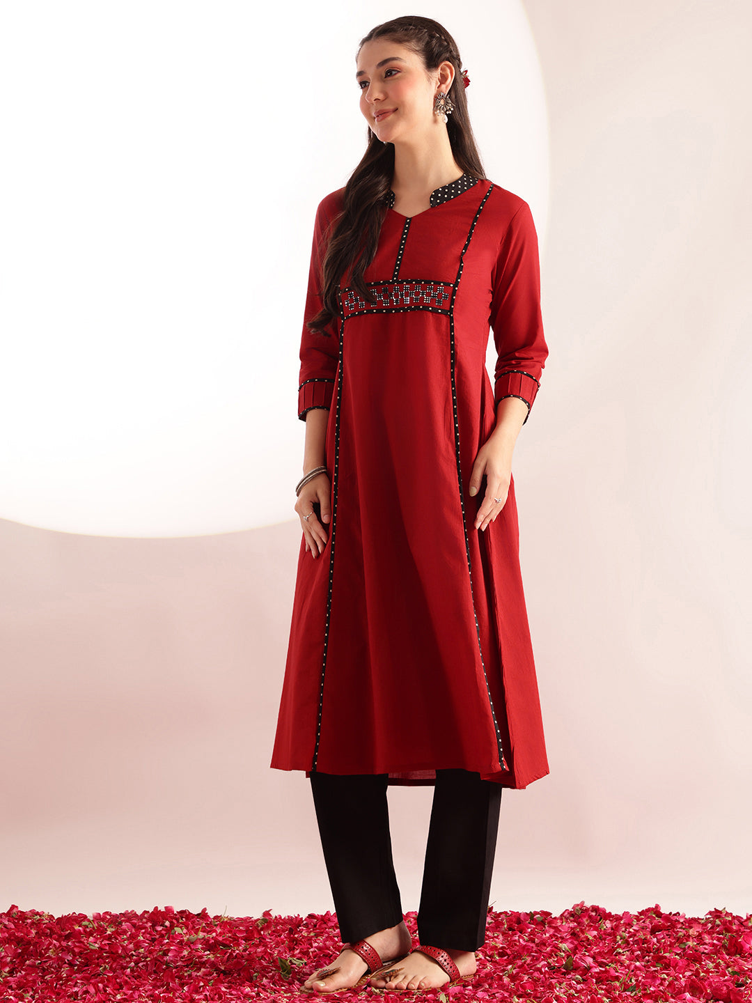 Maroon Solid A-Line Cotton Kurta