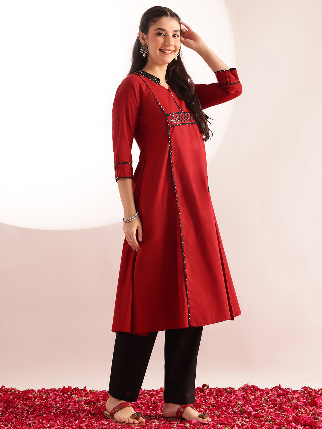 Maroon Solid A-Line Cotton Kurta