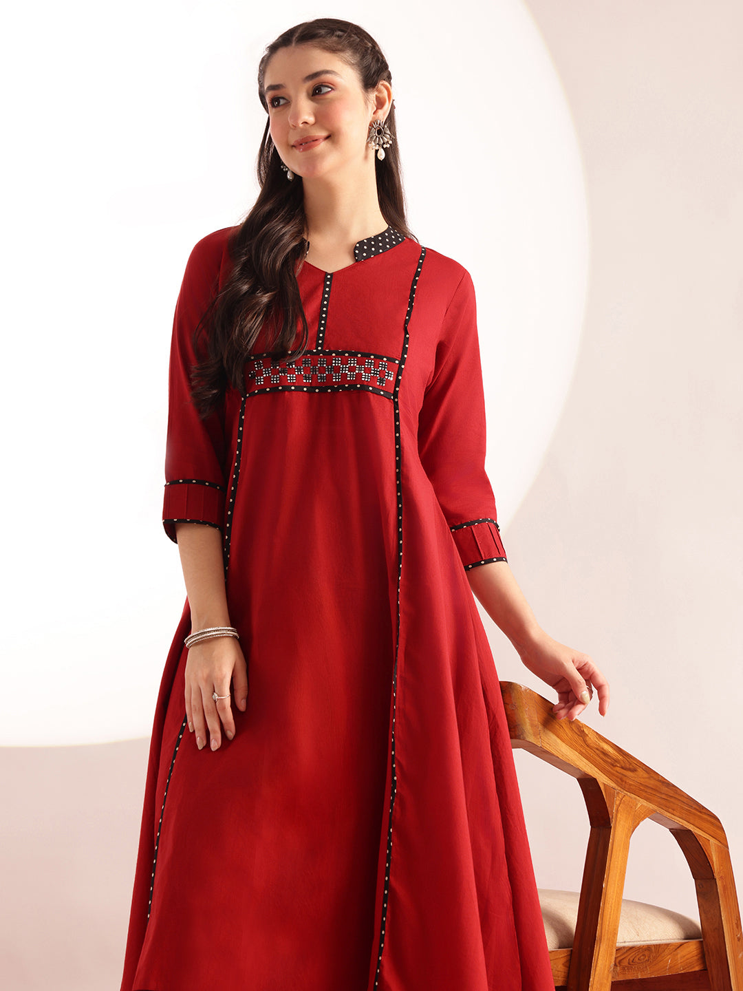 Maroon Solid A-Line Cotton Kurta