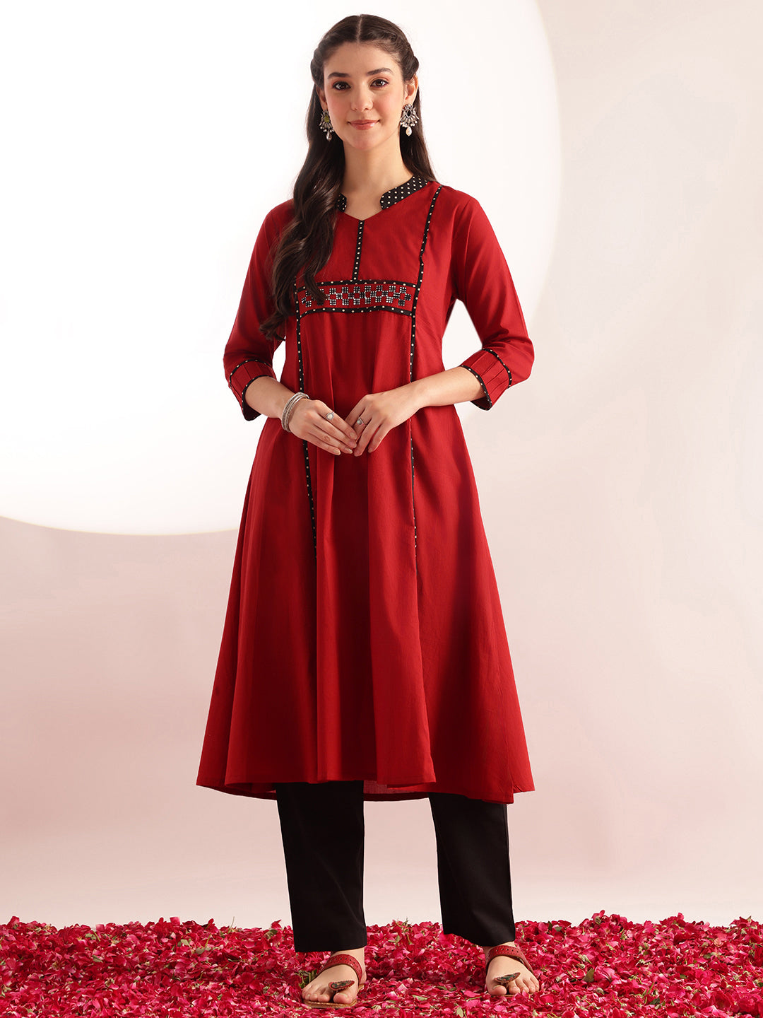 Maroon Solid A-Line Cotton Kurta
