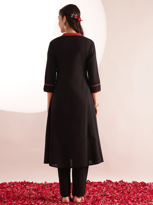 Black Solid A-Line Cotton Kurta