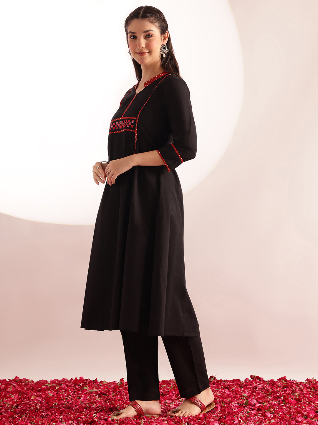 Black Solid A-Line Cotton Kurta