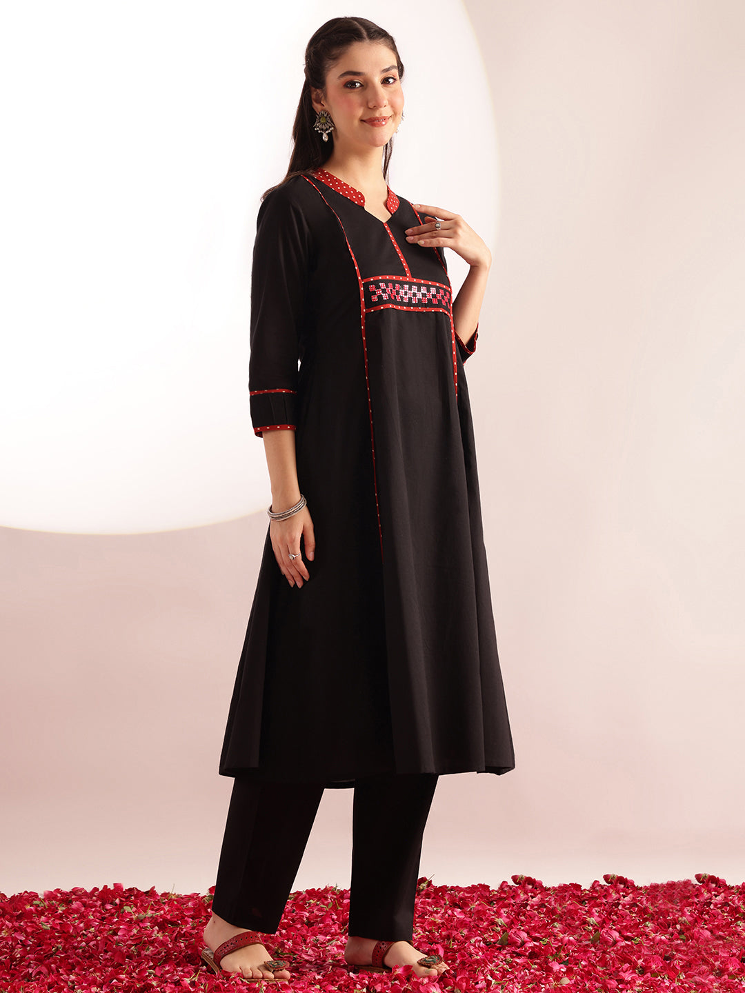Black Solid A-Line Cotton Kurta
