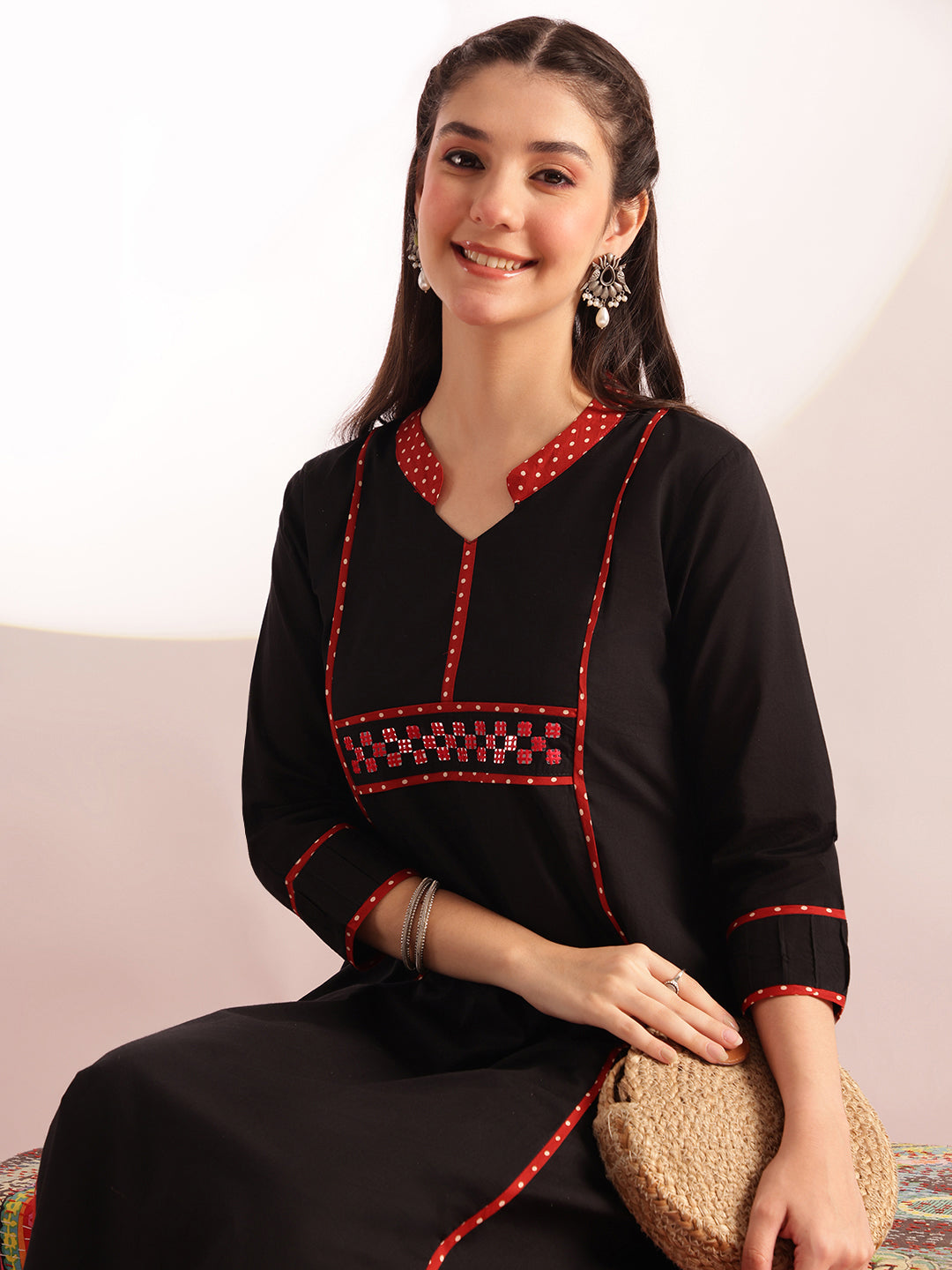 Black Solid A-Line Cotton Kurta