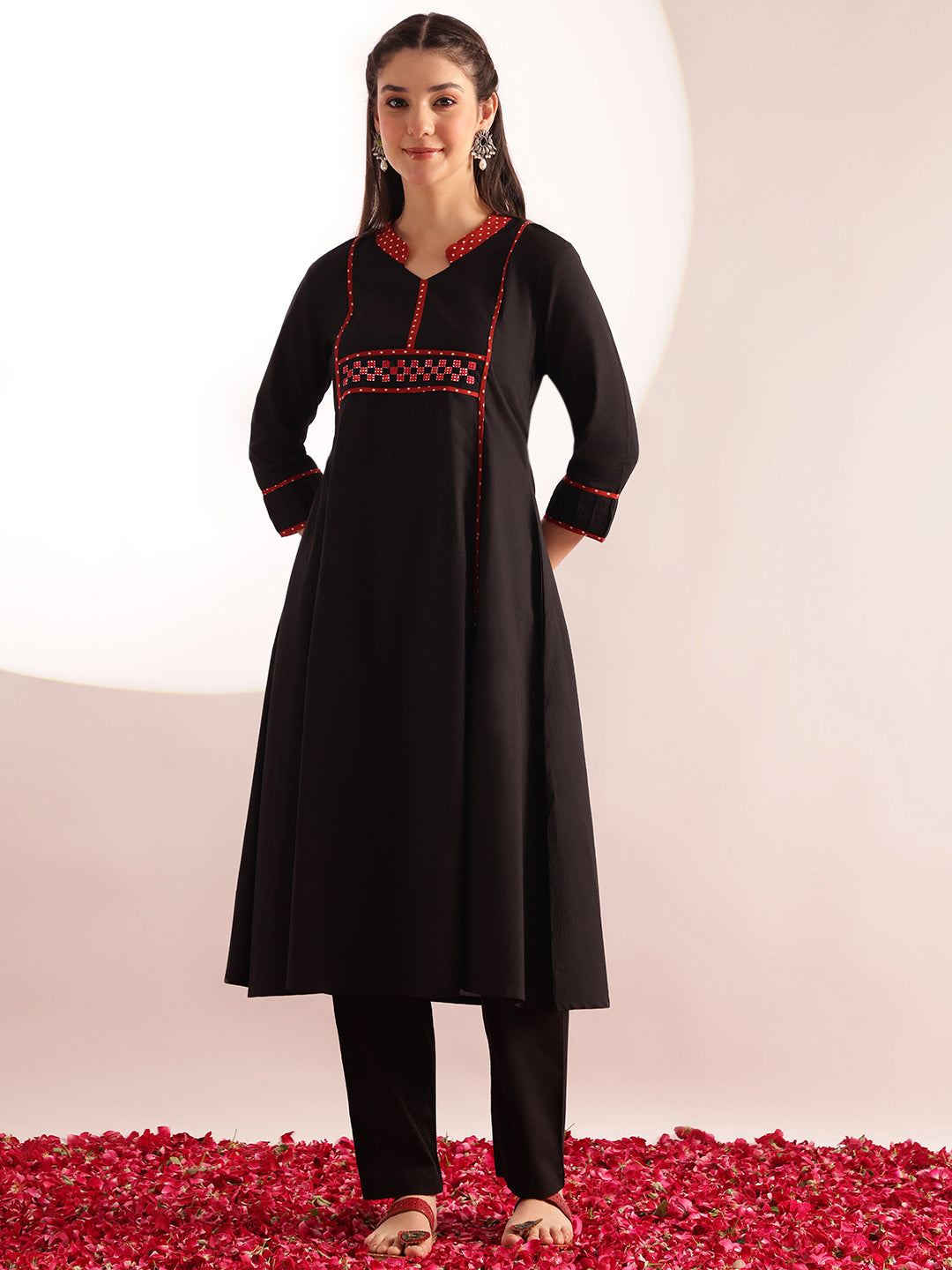Black Solid A-Line Cotton Kurta