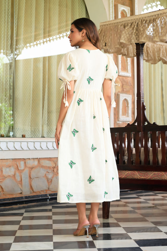 Green Butterfly Print A-Line Mul Cotton Stitched Dress