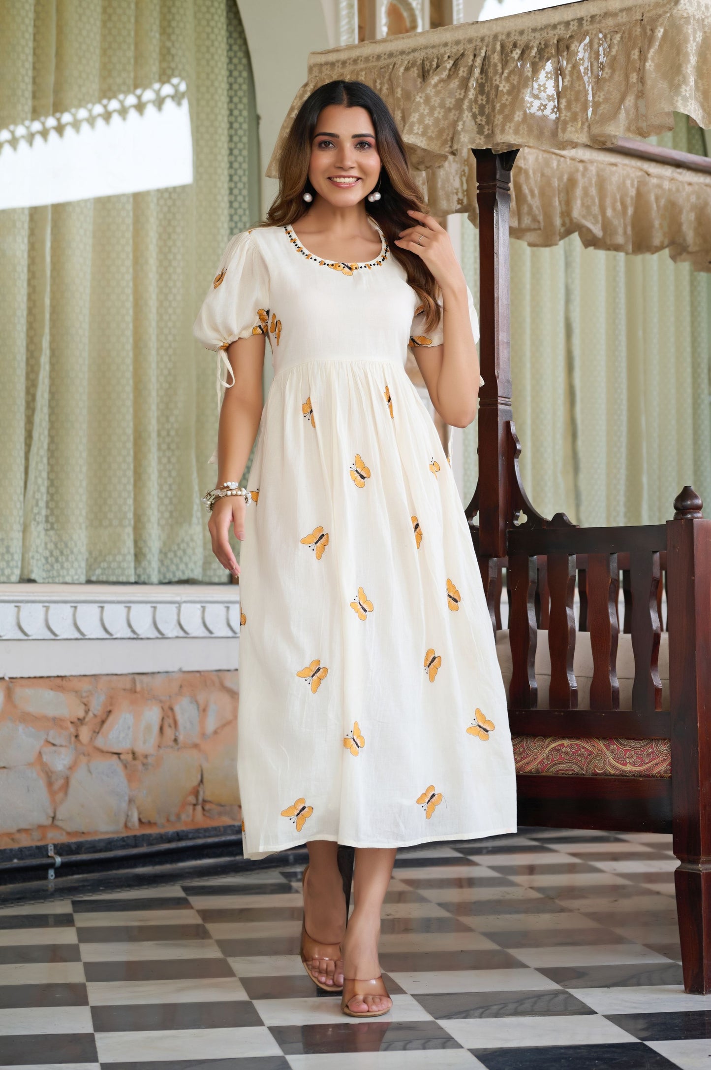 Orange Butterfly Print A-Line Mul Cotton Stitched Dress