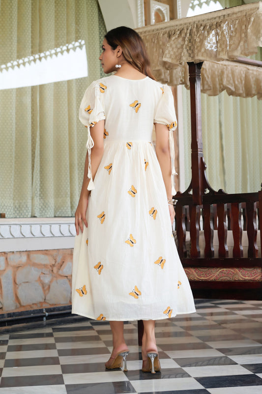 Orange Butterfly Print A-Line Mul Cotton Stitched Dress