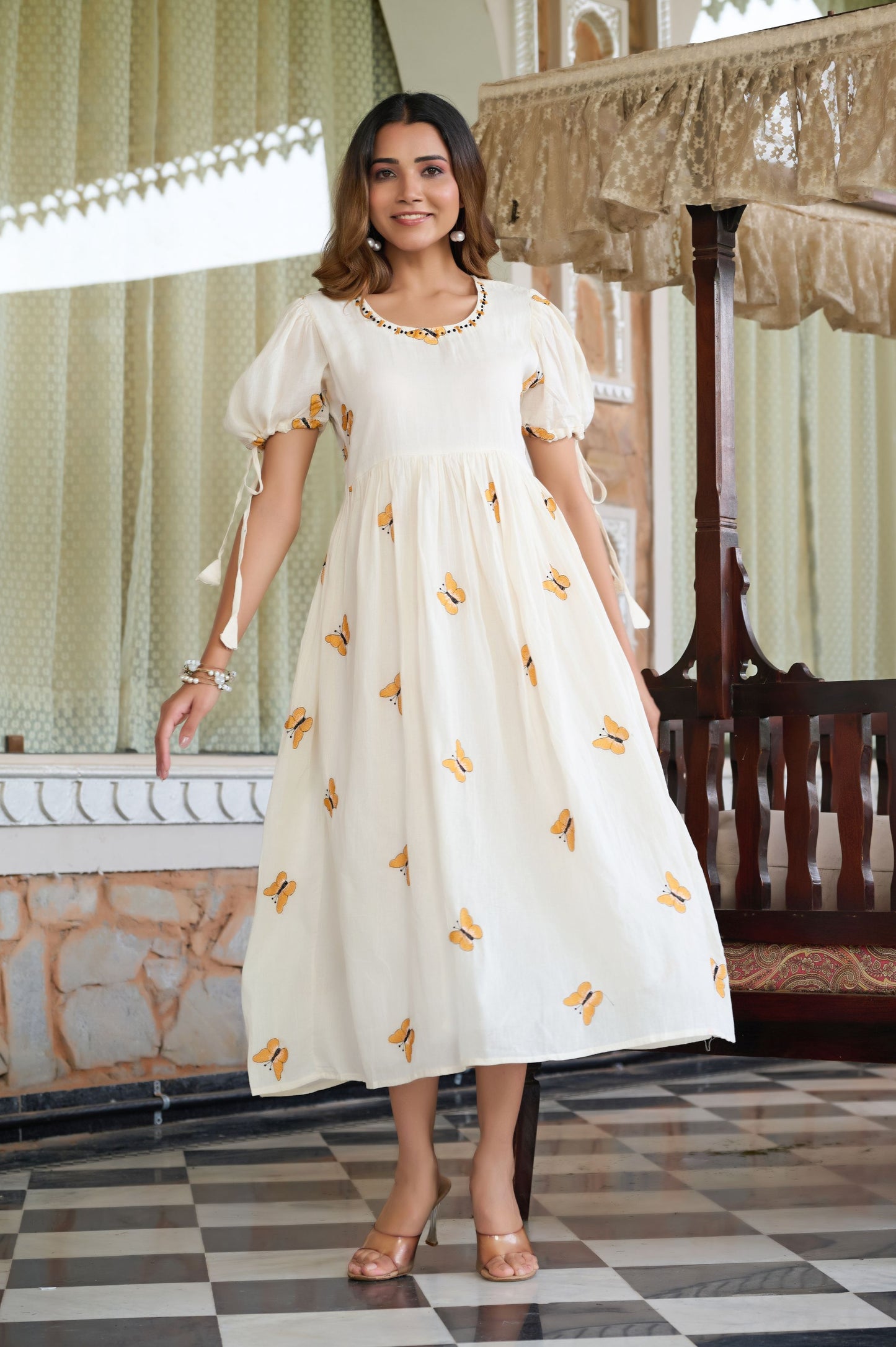 Orange Butterfly Print A-Line Mul Cotton Stitched Dress
