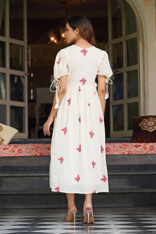 Red Butterfly Print A-Line Mul Cotton Stitched Dress