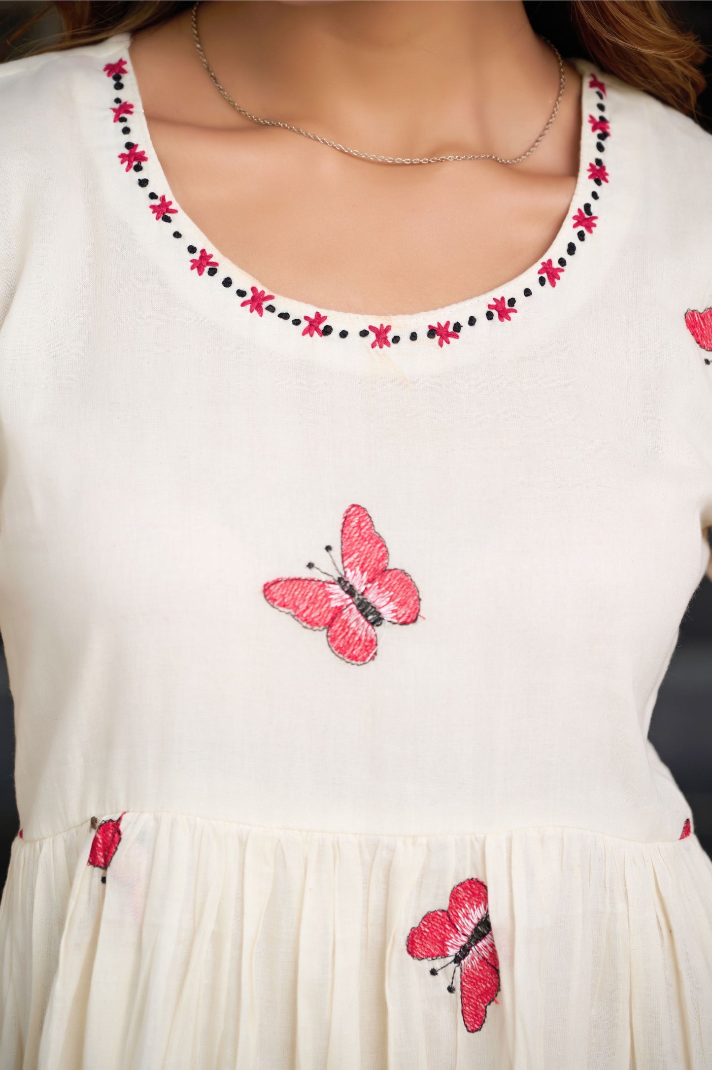 Red Butterfly Print A-Line Mul Cotton Stitched Dress