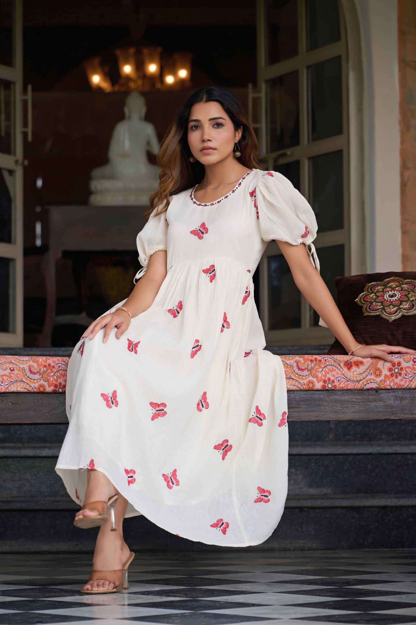Red Butterfly Print A-Line Mul Cotton Stitched Dress